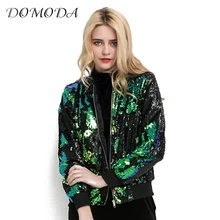

DOMODA Autumn Women Sequin Coat Green Bomber Long Sleeve Zipper Streetwear Jacket Preppy Style Loose Casual Basic Top