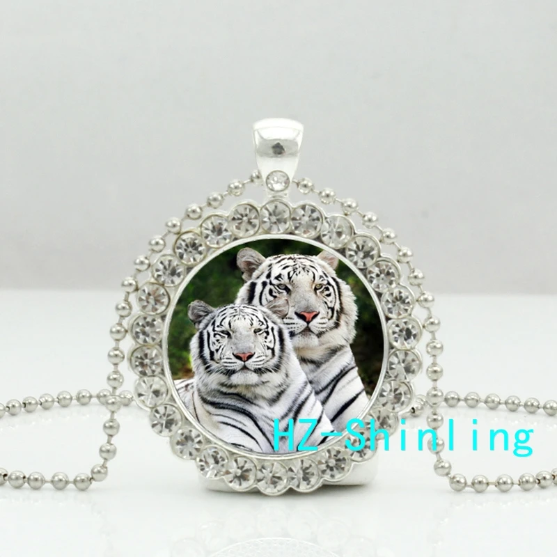 

New White Tiger Necklace Couple Tigers Crystal Pendant Classic Animal Photo Jewelry Glass Dome Necklaces Ball Chain Silver HZ6