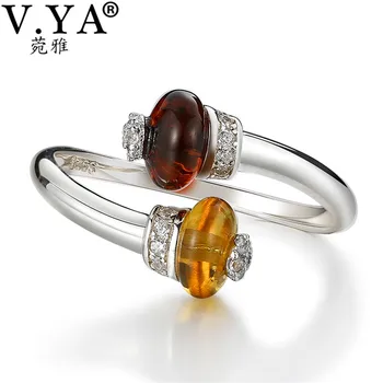 

V.YA Nature Style Yellow Stone Rings 925 Sterling Silver Open Ring Luxury Women Female Sterling Silver Jewelry
