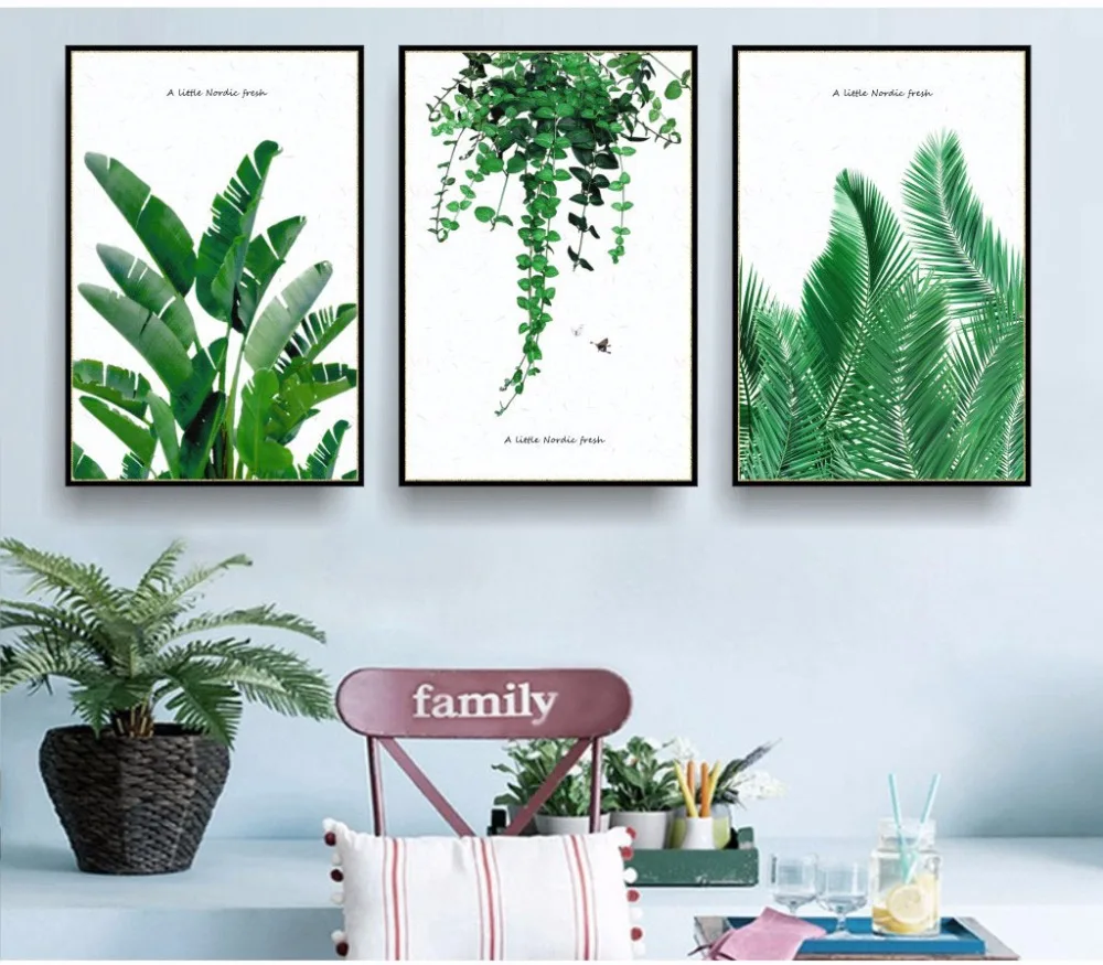 

Modern Green Tropical Plant Leaves Canvas Art Print Poster , Nordic Green Plant Wall Pictures Kids Room Large Painting No Frame