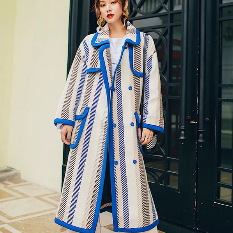 

Autumn Winter New Ladies Woolen Coat Fashion Turn Down Collar X-Long Wool Jacket Female Double Breasted Casual Loose Parka Z393