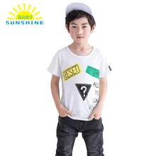 Детские футболки для мальчиков Т-образные топы с круглым шейным вырезом и наклейкой с буквенным принтом футболка из хлопка с короткими рукавами детская футболка Гарсон для мальчиков