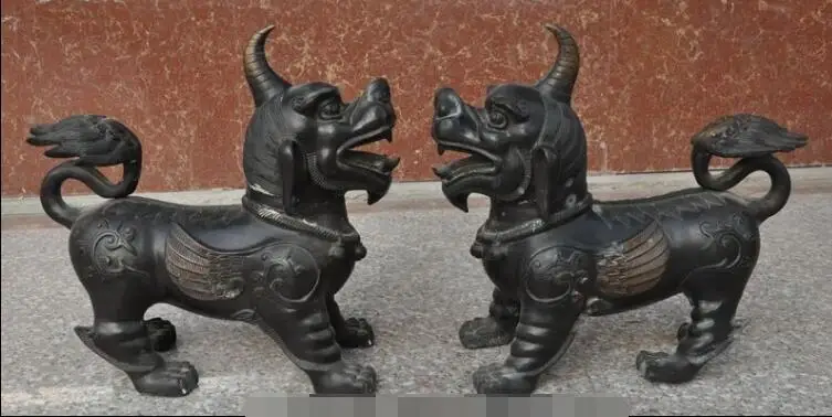 

S3254 Chinese fengshui Bronze evil kylin Kirin Chi-Lin unicorn Pixiu Beast Statue Pair