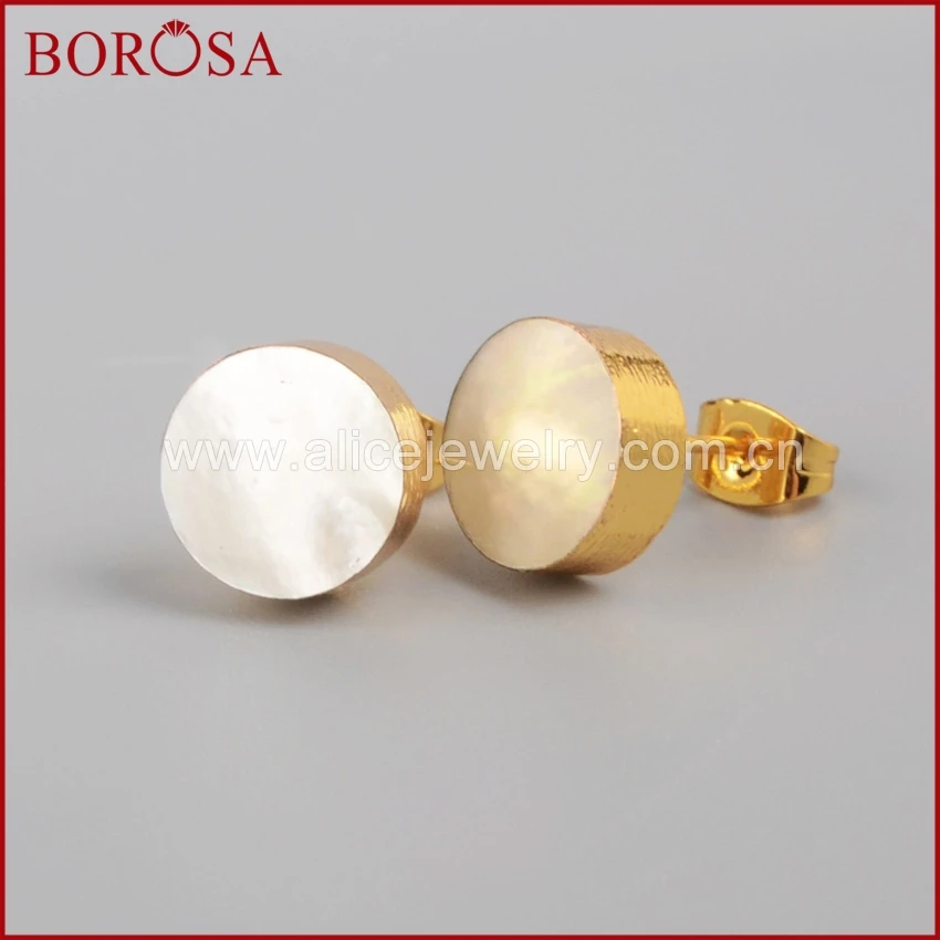 

BOROSA Elegant Gold Color Natural 10mm Round White Shell Stud Earring G0902