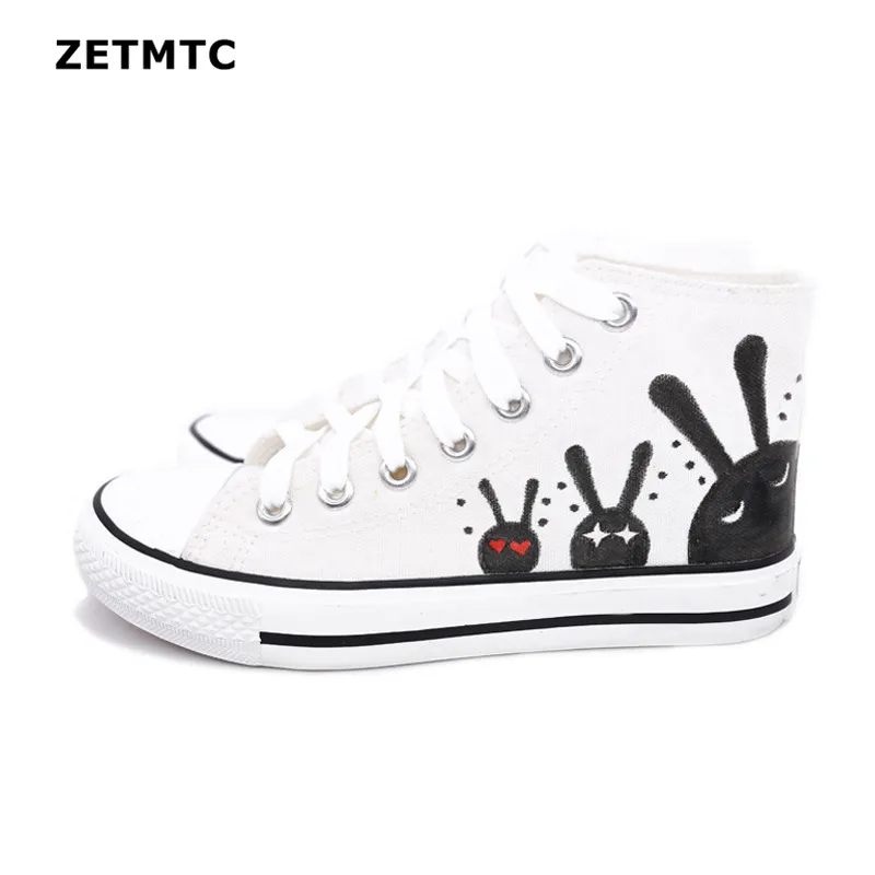 

Fashion 2019 women vulcanized sneakers Plus Size 35-43 high-top flats hand-painted casual white students shoes woman canvas shoe
