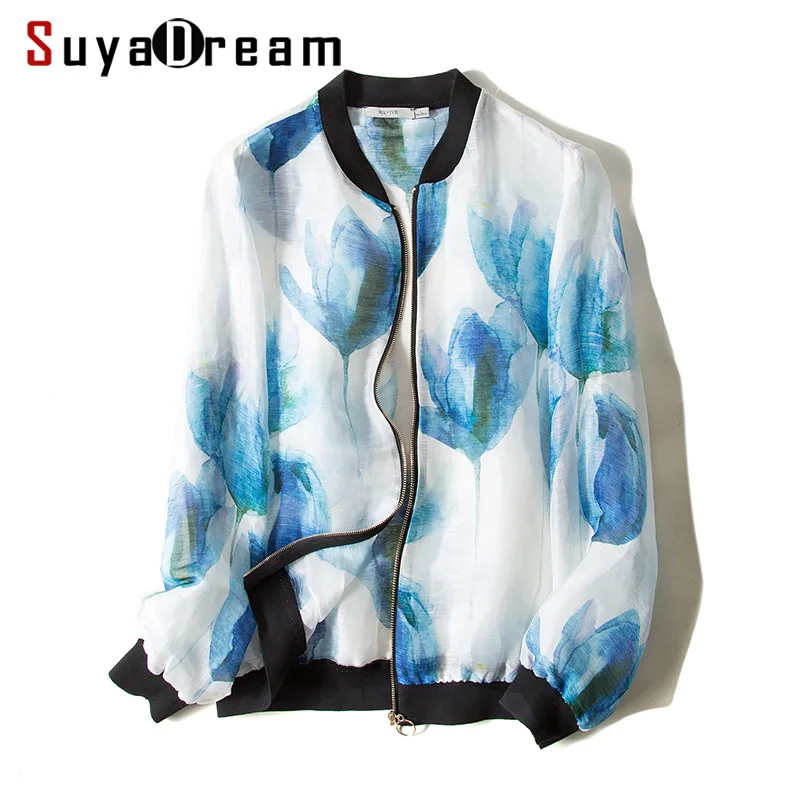 

Women Jacket 50%Mulberry Silk 50%Linen Casual Zipper Printed Jackets 2018 Fall Winter New Outwear