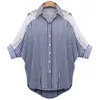 Compra Blusa de algodón a rayas con cuello vuelto para mujer, camisa de talla grande XXXXXXL 6XL-L 2021, con encaje calado de tres cuartos, oferta, 77927a OLZnL8y7