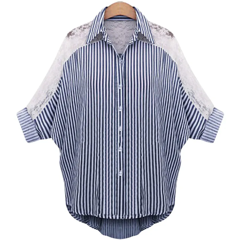 Женские рубашки в полоску размера плюс XXXXXXL 6XL L кружевные хлопковые блузки с