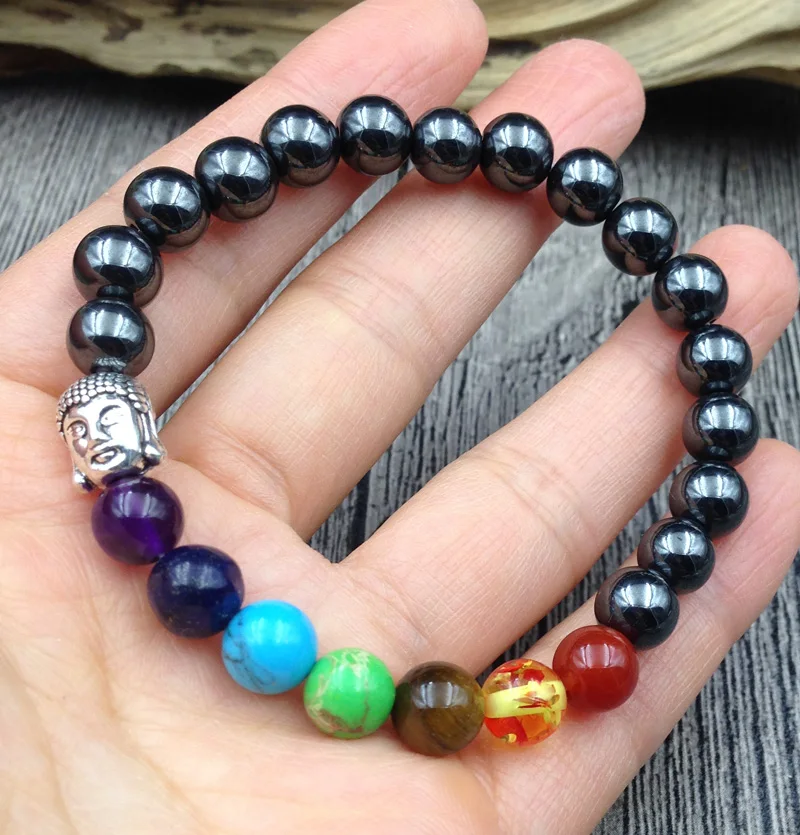 

YA2838 Magnet Hematite Stone Mala Magnetic Bracelet Buddha Silver Charm 7 Chakra Amethysts Turquoises Elastic String Bracelet