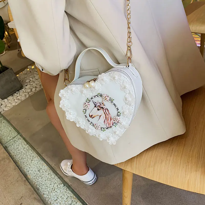 

Japanese sweet lolita bag lace flower heart-shaped portable inclined shoulder bag kawaii girl daily loli cos