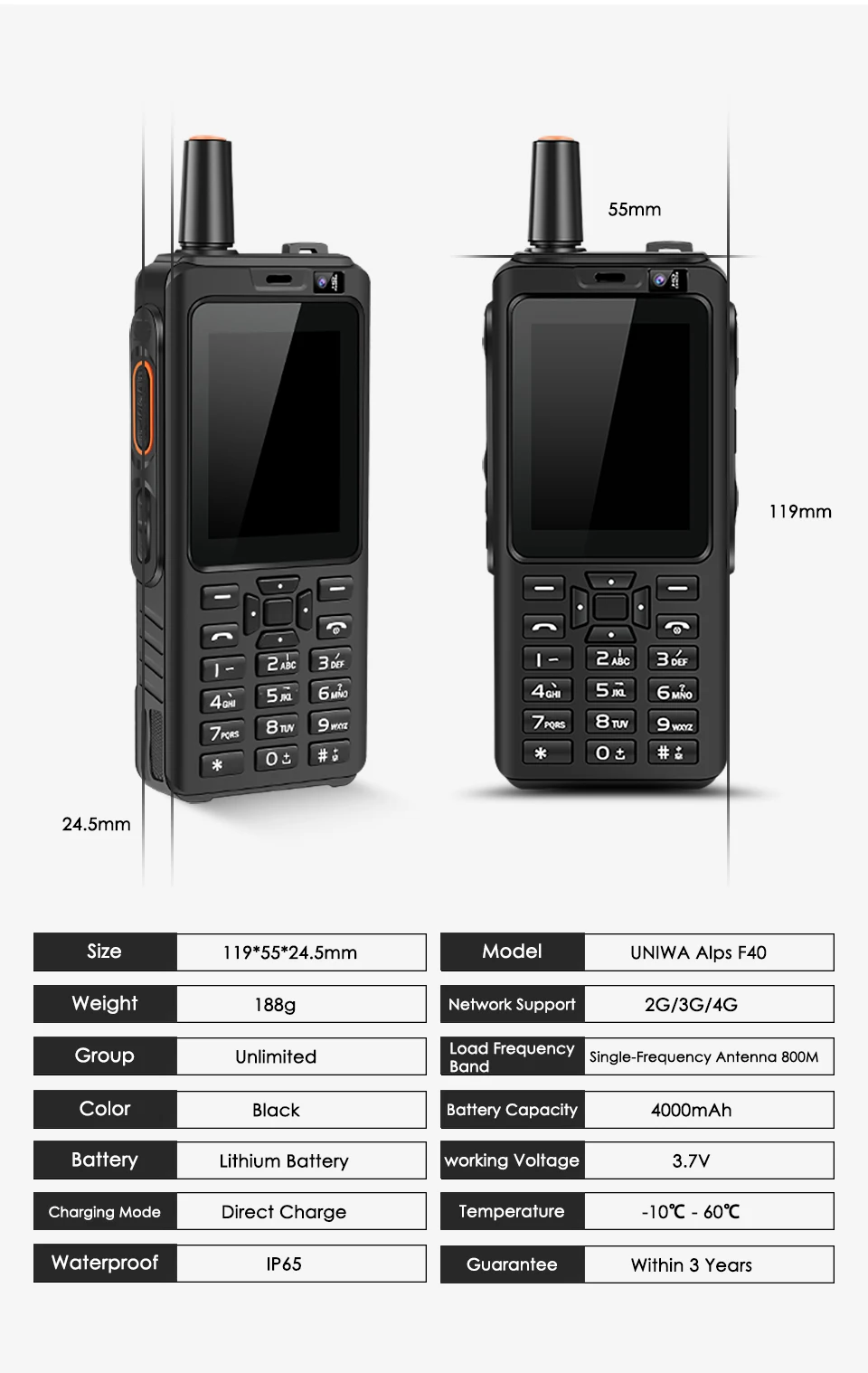 UNIWA Alps F40 мобильный телефон Zello Walkie Talkie IP65 Водонепроницаемый FDD-LTE 4G gps смартфон MTK6737M четырехъядерный 1 Гб+ 8 Гб мобильный телефон