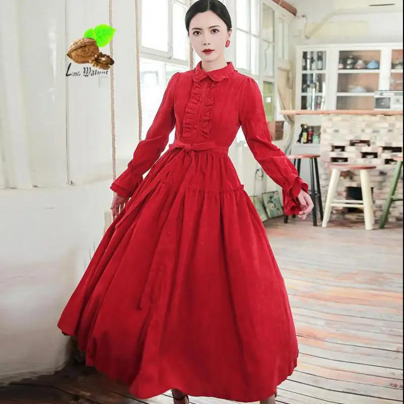 New Women Winter Preppy Style Ruffles Corduroy Flare Sleeve Peter Pan Collar Autumn Long Dresses Female Vintage Retro Red Dress | Женская