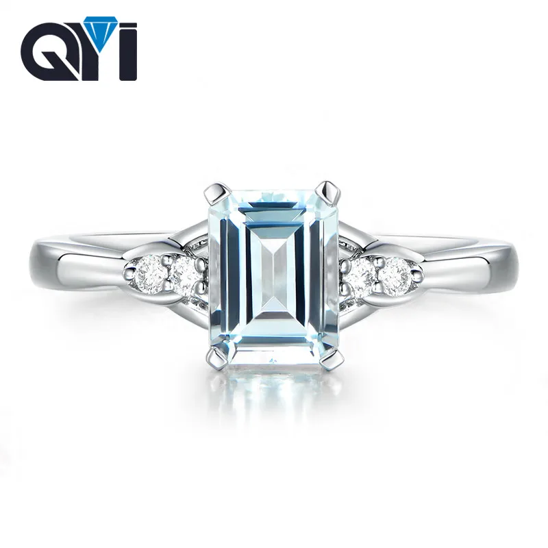 QYI Sterling Silver 925 Natural Sky Blue Topaz Rings For Women 2.5 ct Emerald Cut Classic Engagement Wedding Gemstone Rings