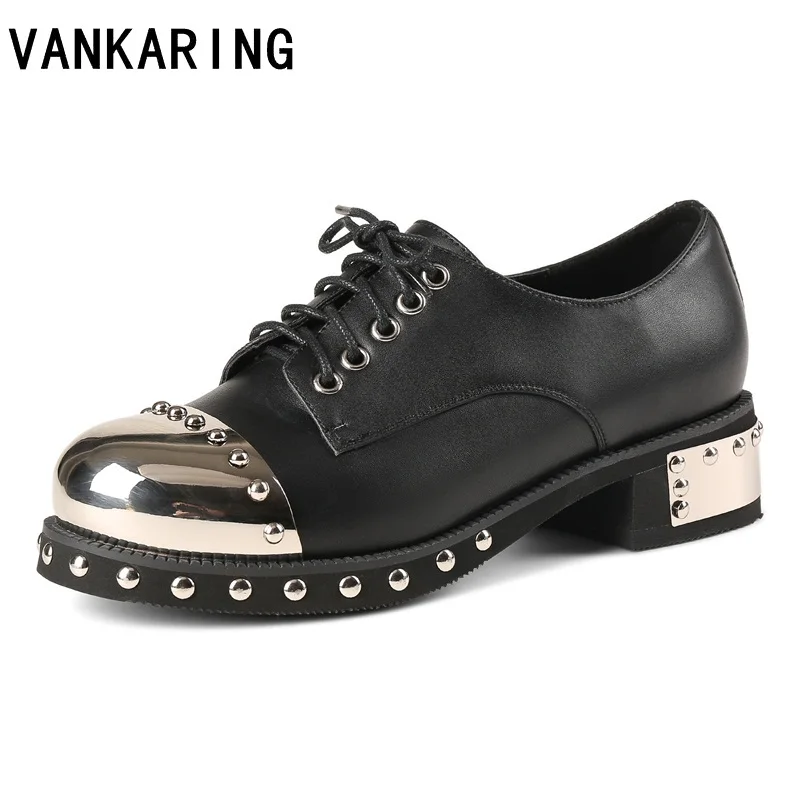

VANKARING women shoes real leather pumps high heels rubber pumps sapato feminino lace-up platform ladies rivets motorcycle shoes