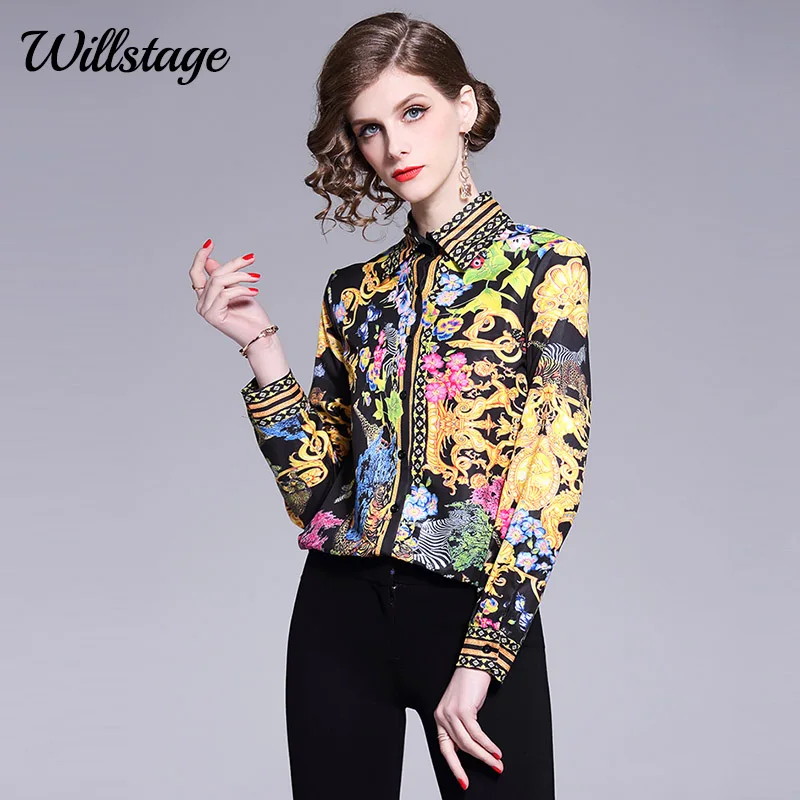 

Willstage Floral Shirts Women Long Sleeve Pattern Blouse Golden Printed Tops Elegant Formal Office ladies Work Wear 2019 Autumn