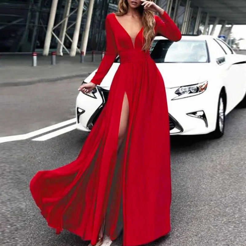 Новое женское сексуальное платье с глубоким вырезом и v-образным вырезом, женское вечернее платье с разрезом, Длинное Платье Макси - Цвет: Red