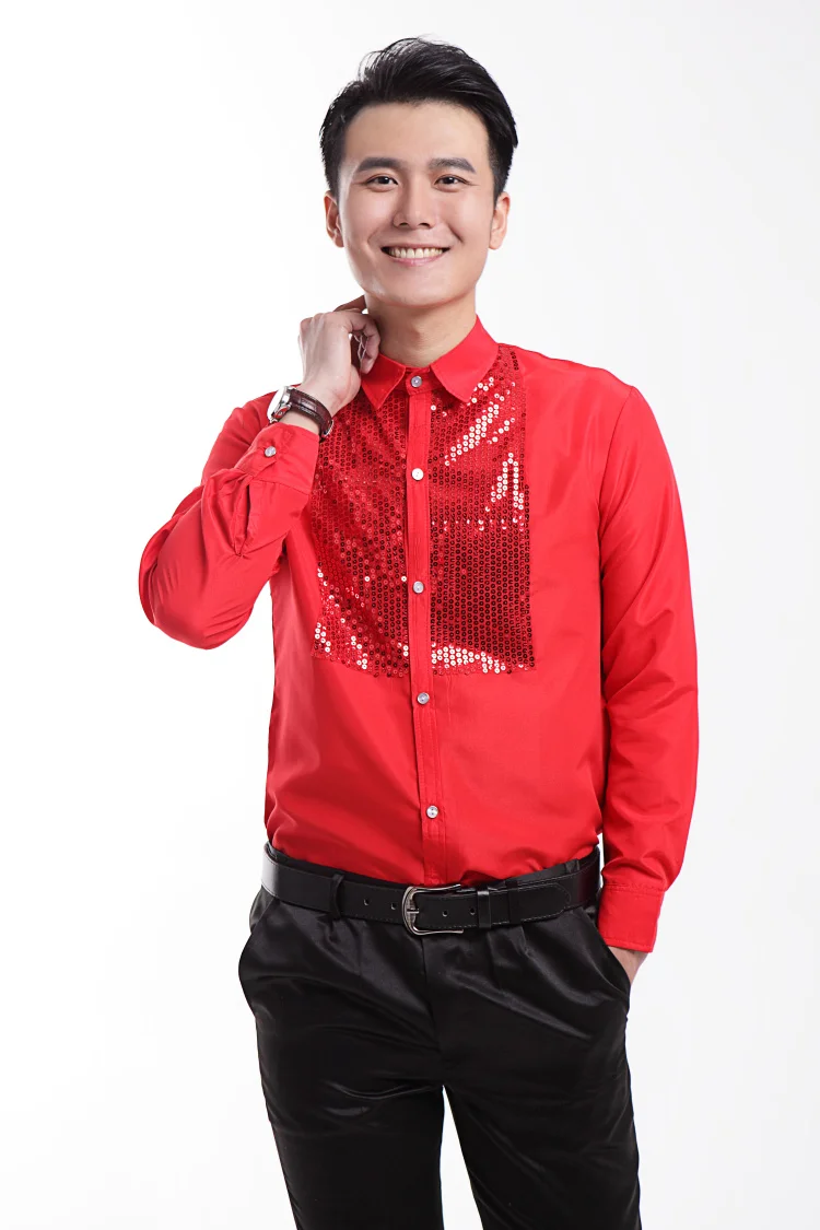 Новая красная Мужская рубашка с длинными рукавами и блестками свадебные/Выпускные рубашки для жениха певицы одежда для жениха Мужские вечерние рубашки(39-44