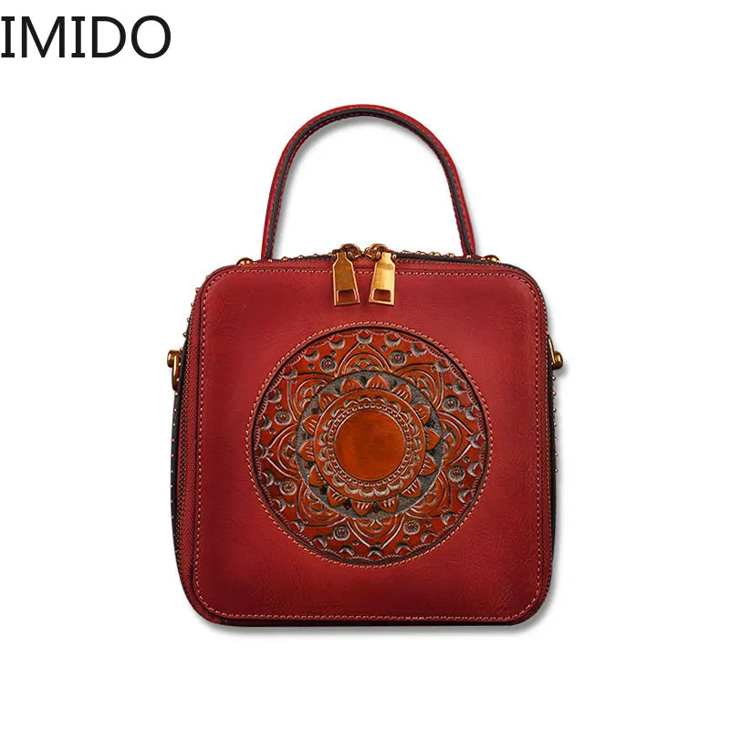 

IMIDO 2019 New Cowhide Women's Shoulder Leather Handbag Embossing Retro Designer Bags Famous Brand Fashion Luxury Travel Leisure