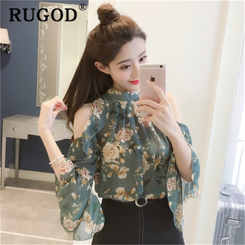 RUGOD Floral print women blouses elegant shoulder hole destroyed