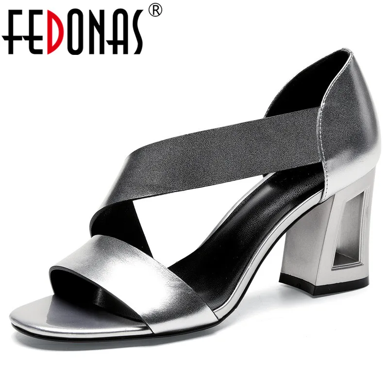 

FEDONAS New Elegant Blingbling Rome Genuine Leather Women Sandals Concise Square Toe Square Heels Slip on Party Prom Shoes Woman