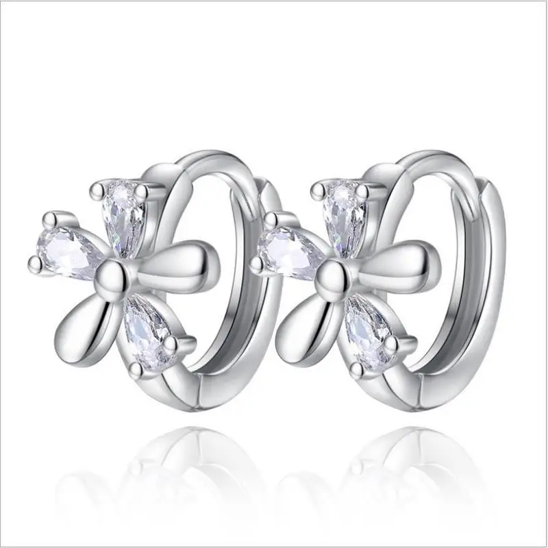 

Trendy Crystal Flower Hoop Earrings For Girls Lady Accessories Fashion 925 Sterling Silver Earrings Female Princess Jewellery