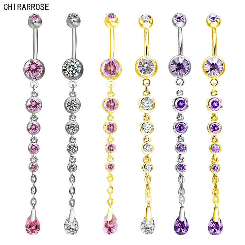 

CHIRARROSE Woman's Tassel Long Silver Plated Navel Piercing Belly Button Rings Bar Surgical Piercing Sexy Body Jewelry for Women