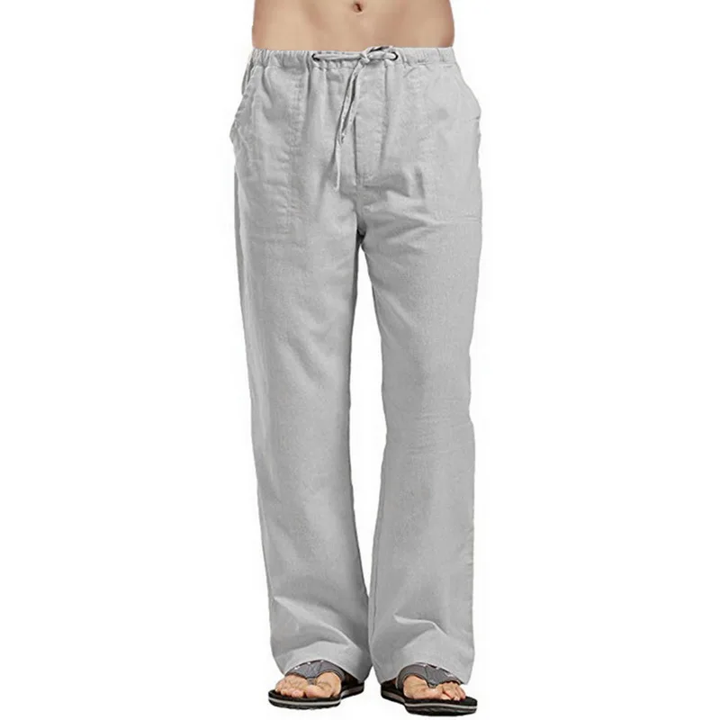 Oeak Men Summer Linen Loose Slim Fit Pants New Casual Elastic Waist Solid Color Straight Trousers Beachwear Joggers Sweatpants - Цвет: Серый