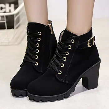 

High heel boots women pu leather ankle boots 2019 fashion lace up warm shoes woman buckle decoration winter boots women shoes
