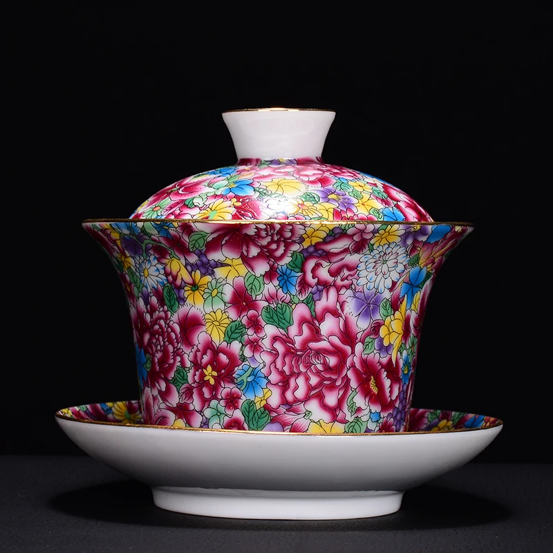 

240ml Jingdezhen Porcelain Gaiwan Hand Painted Flowers Enamel Teapot Office Kung Fu Tea Set Master Tea Bowls Drinkware Teaware