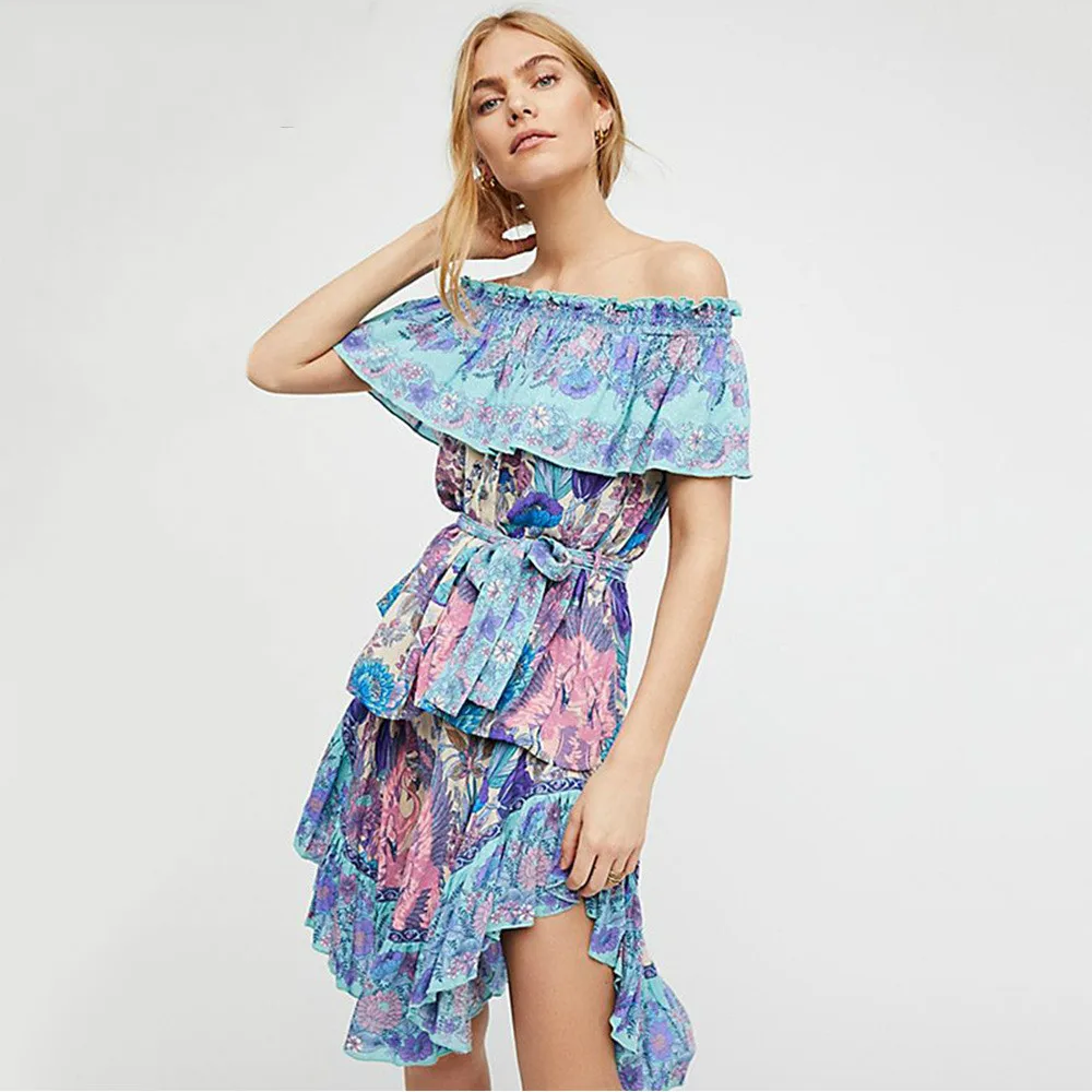 

Flamingo Printed Belt Lotus Leaf Side Shoulder Shirt Short Sleeve Butterfly Sleeve Casual Sashes Women's Chiffon Blouse