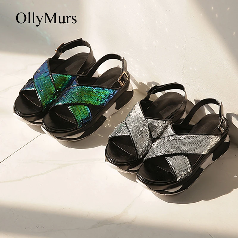 

Shoes Women Summer Sandals Platform chaussures femme Ladies Glitter footware sandalia feminina Sequin Straps Bling Bling Silver