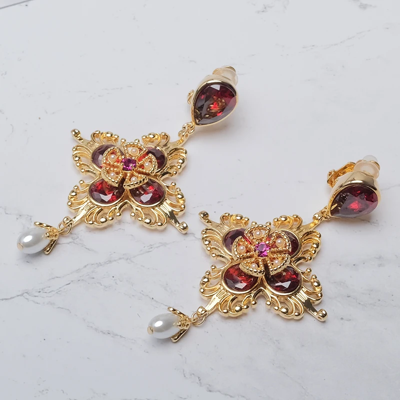 

Red flower fashion ear clip drop pearl earrings