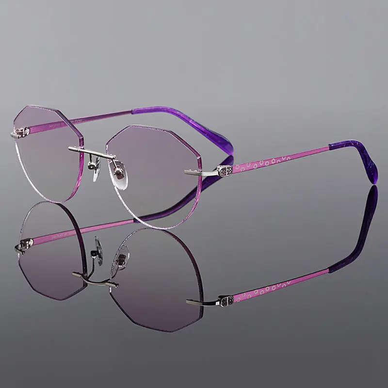 Gmei оптический Мода серебро Титан сплав Для женщин очки без оправы рамки фиолетовые градиентные тонированные Плано линзы цветной каймой Q90074
