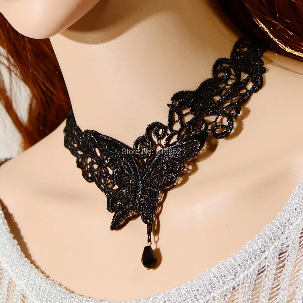 

Fabric Lace Flower Black Ribbon Collar Necklace Butterfly Design Beads Pendant Necklace Made Of Metal For Women
