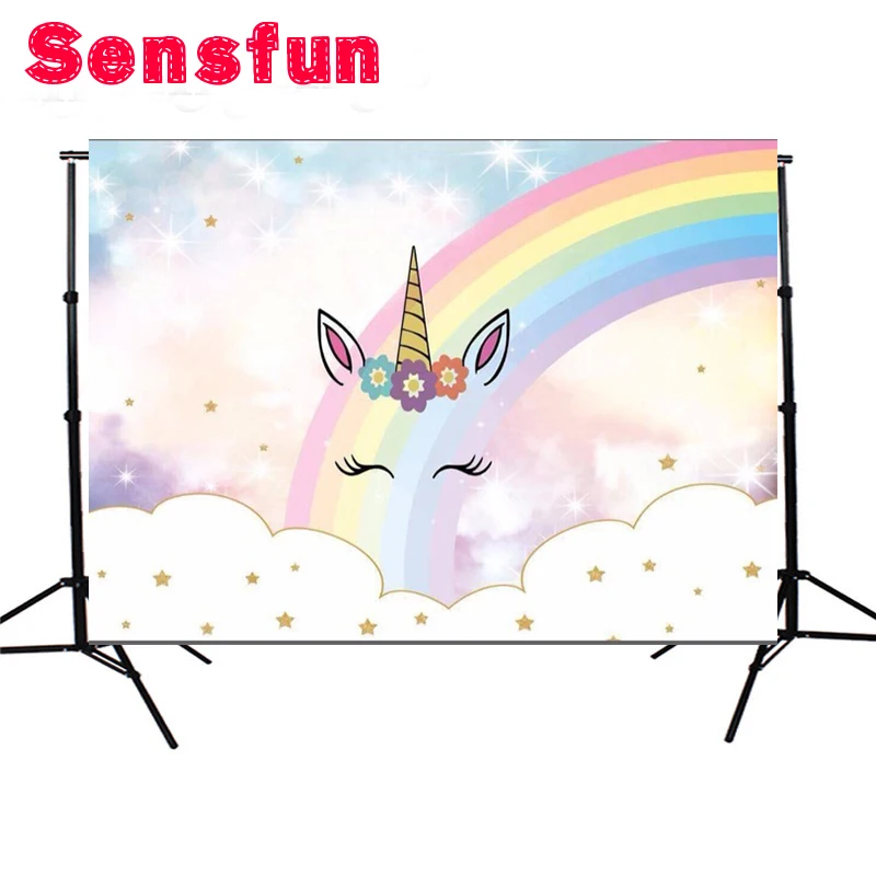

Clouds Rainbow Sky Gold Stars Unicorn Flowers Custom Photo Studio Background Backdrop Polyester 7x5FT