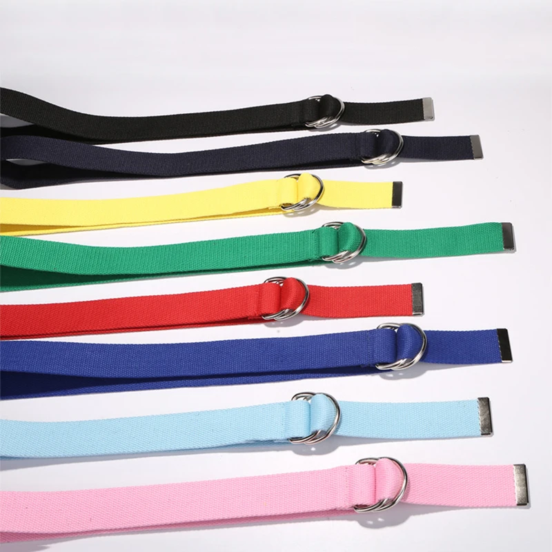 Solid Color Canvas Belt For Women Double Ring Buckle Long Belts