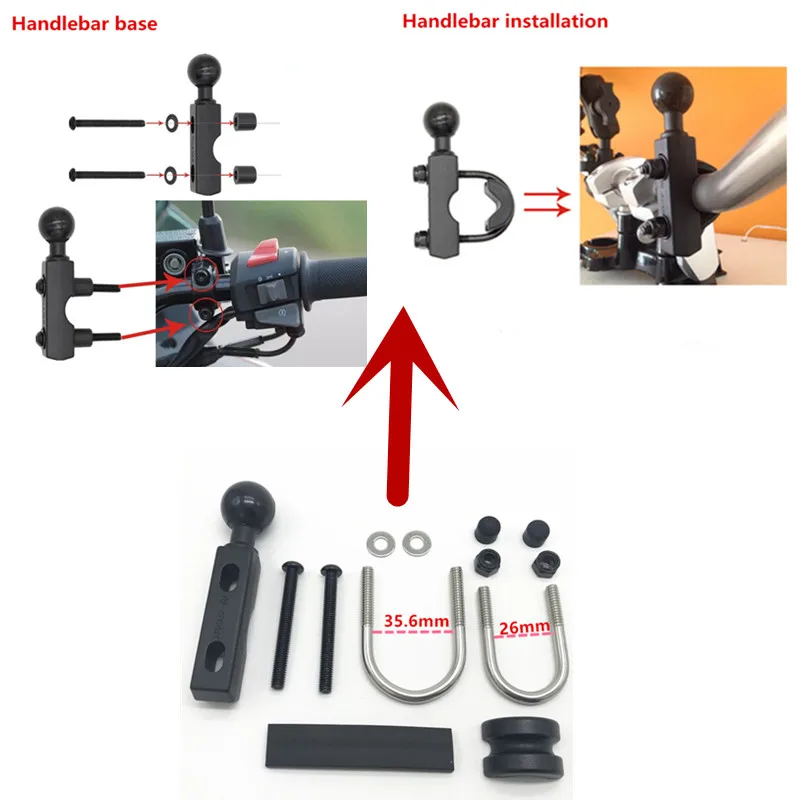 Motorcycle Handlebar Mount Kit Holder Double Socket Arm with Base Mount Rear View Mirror for Cell Phones& Smartphones RAM mount