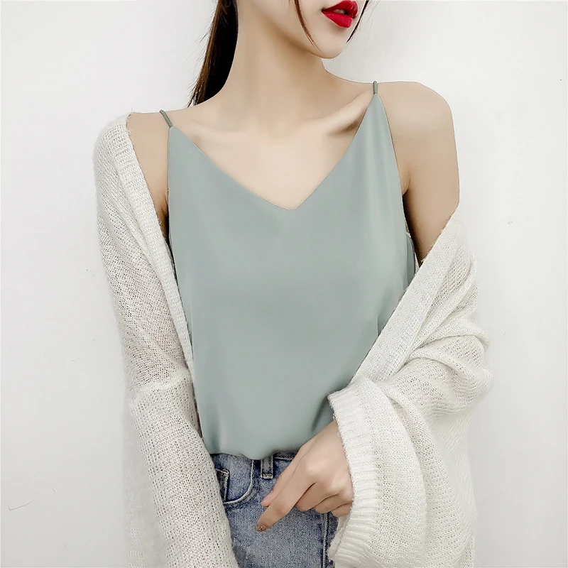 

2019 Fashion Chiffon Tank Top Women Summer Loose top Ladies spaghetti strap Sleeveless V Neck Shirt top Female Camisole Black