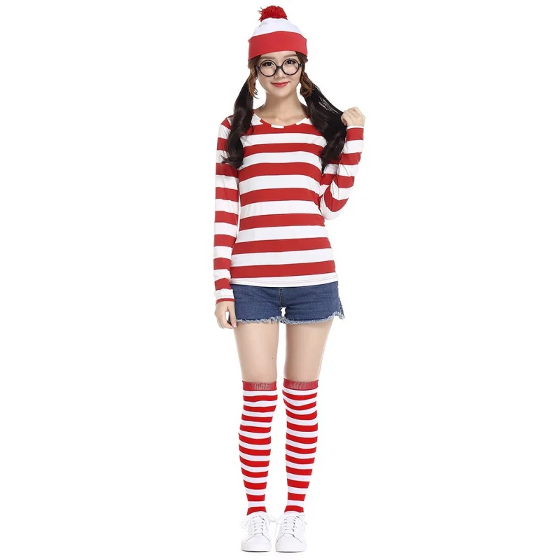 Ladies Striped Red /& White Book Week T-Shirt Hat Glasses Womens Set Fancy Dress