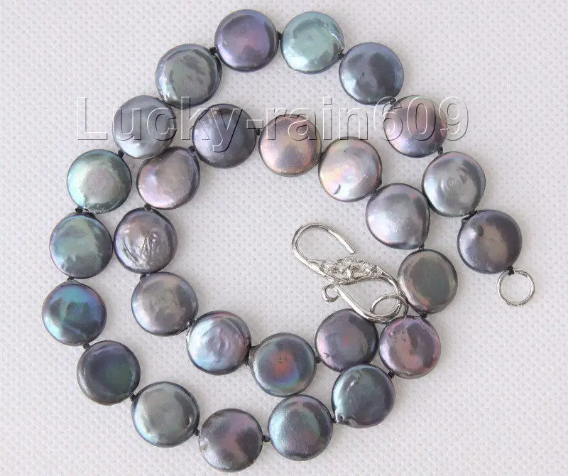 

>>>>Genuine luster 17" 14mm coin fastener black pearls necklace 18KGP clasp e1963