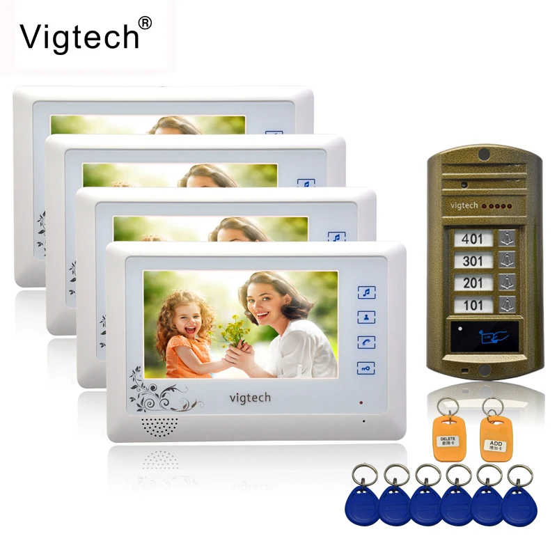 Vigtech 7'' color video door phone 4 monitors with 1 intercom doorbell can control 4 houses for multi apartment RFID Camera Vigtech 7'' color video door phone 4 monitors with 1 intercom doorbell can control 4 houses for multi apartment RFID Camera