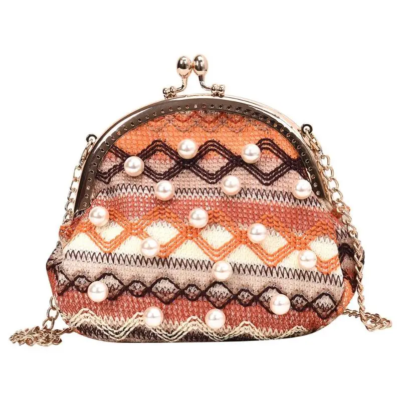 Оранжевый Ethnic Woven Pearls Decor Shoulder Handbags Women Small Chain Crossbody Bag Fashion Outdoor Crossbody Messenger Bag Totes - Цвет: Оранжевый