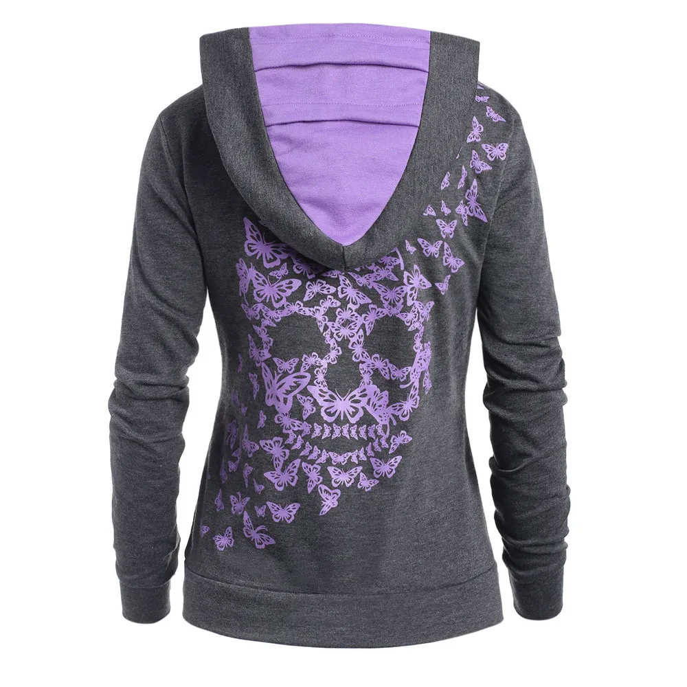 Winter New Fashion Butterflies Skull Print Hoodie Kangaroo Pocket Hooded Sweatshirtwomen Hoodies Sweatshirts outwear