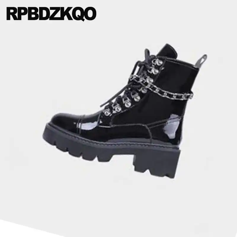 black patient patent military lace up boots with chunky sole