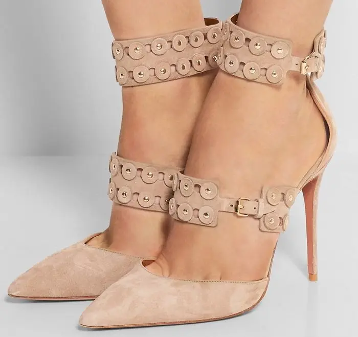 

Woman sexy pumps elegant ivory stiletto heels graceful circle hole cut outs studed design ankle buckles pointed toe dress shoes