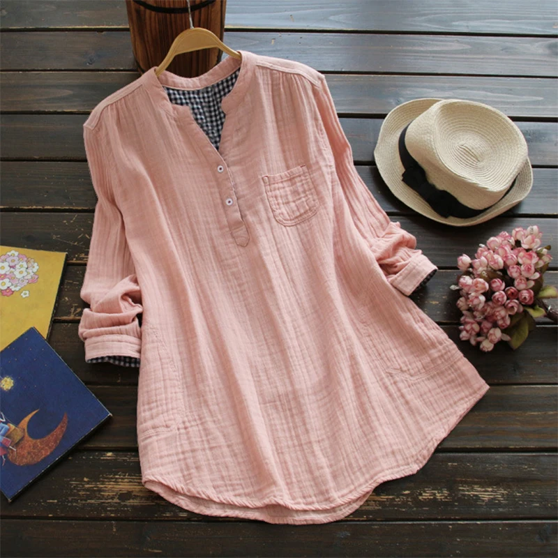 

2019 SCHMICKER Stand Collar Long Sleeve Party Blouse Top Women Spring Casual Solid Cotton Linen Baggy Work Office Shirts Vestido
