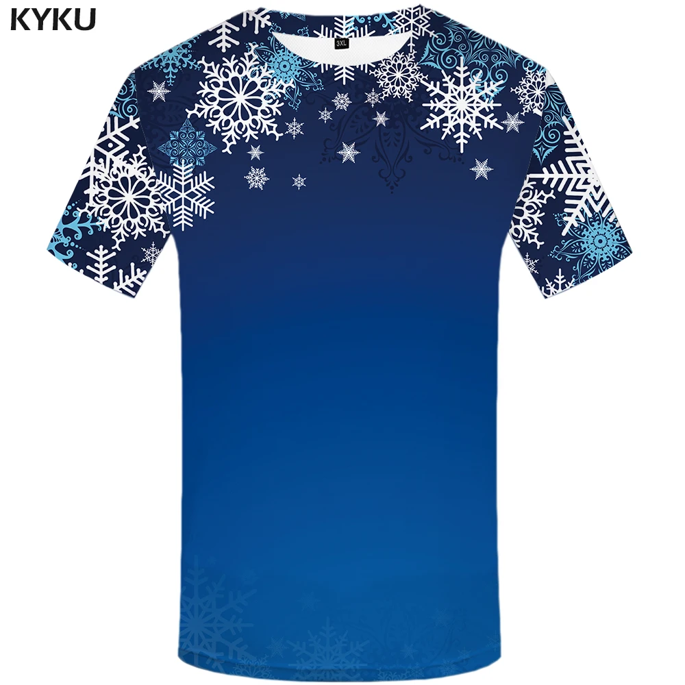 

KYKU Christmas T Shirt Men 3d Xmas Tshirt Punk Rock Clothes Anime Blue Snowflake Print T-shirt Gothic Hip Hop Mens Clothing New