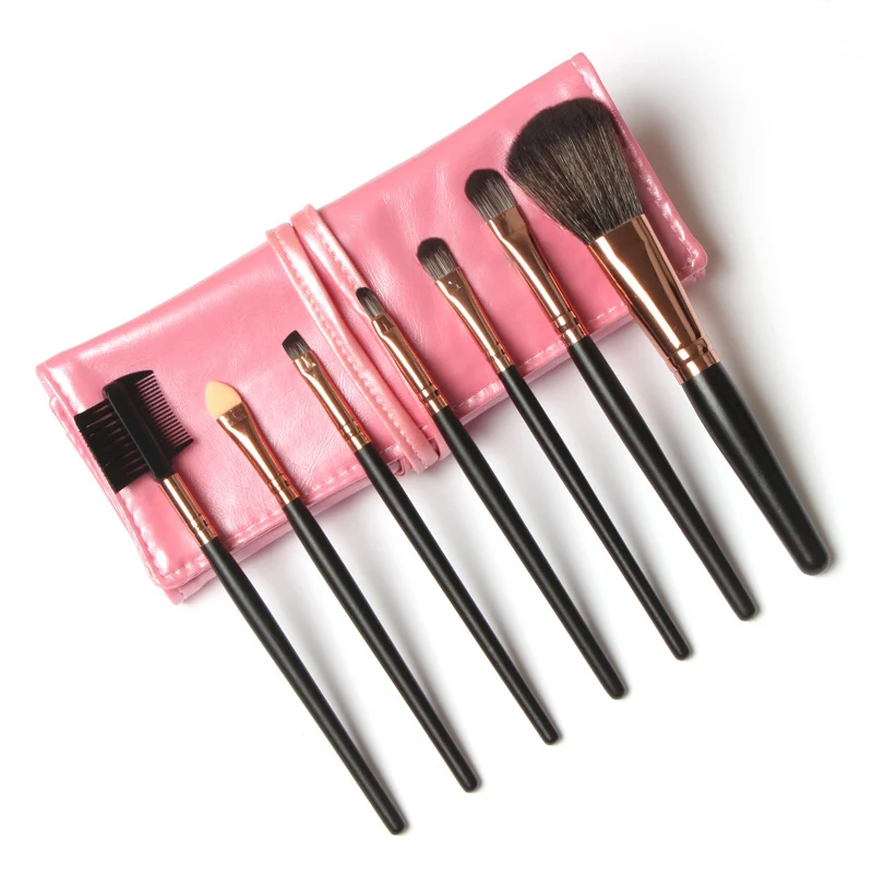 7Pcs Makeup Brushes in Sleek Pink Leather Like Case Portablein Eye