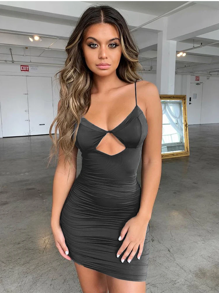 

Casual Solid Pleated Mini Dress Women Sexy Hollow Out Spaghetti Strap V Neck Bodycon Summer Dress Slim Night Club Dress Vestido