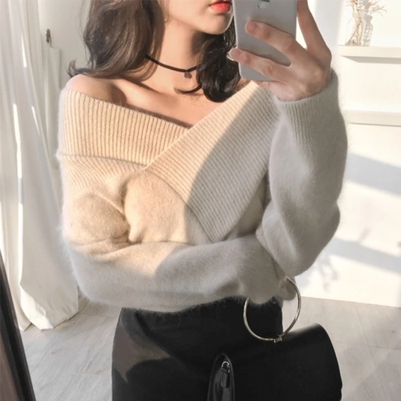 

2018 Autumn Sweaters Women Off Shoulder V Neck Crop Long Sleeve Pullovers Sexy Sweater Female Jumper Casual Knitting tops YZ903